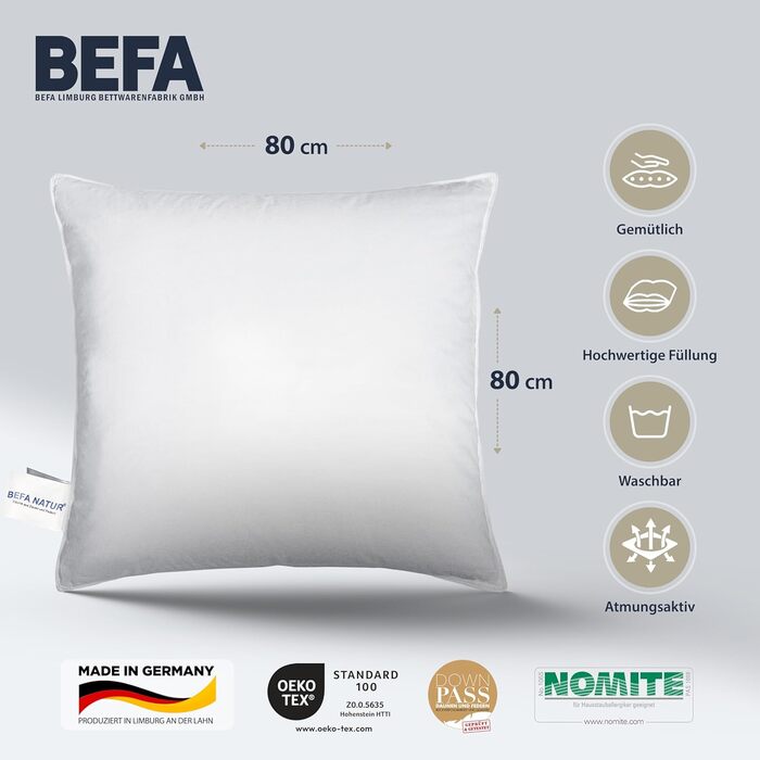 Подушка BEFA NATUR 80x80 см, 3-камерна, 90% пух, 10% перо, для алергіків, сертифікована Öko-Tex, Made in Germany