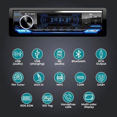 Автомагнітола Caliber 1DIN Bluetooth DAB+/FM, 4x100Вт, USB/MicroSD, 2.1A зарядка, AUX-in, hands-free, зовнішній мікрофон, RCA вихід, підсвічування, підтримка MP3/WMA/APE/FLAC/AAC