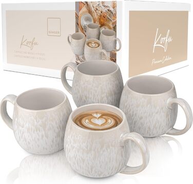 SÄNGER | Korfu Mug Set, 4-Piece, 4-Person Coffee Cups, Handmade Stoneware Mug, Dishwasher-Safe Tea Cup Set, Cream-Colored Coffee Cup Set with Sandy Texture, 300 ml | PREMIUM COLLECTION
