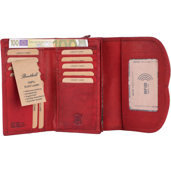 Benthill Women's Wallet Genuine Leather - Wallet with RFID Protection - Wallet with Many Card Slots - Genuine Leather Vintage Women's Wallet including Gift Box, Color: Red