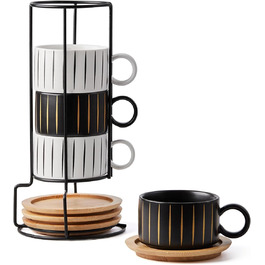 Набір кавових чашок Cappuccino HOME DECOR (4 шт.) 160 мл з підставками та стійкою - 160 мл, кераміка, для еспресо, капучино, лате, Stripe
