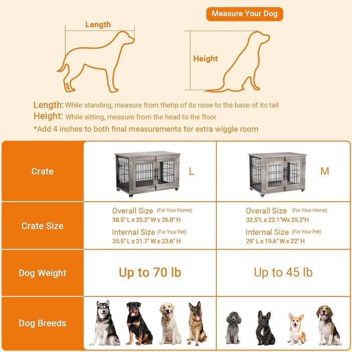 Клітка для собак Lulive, дерев'яна будка для дому, з подвійними дверима, 96,5 см, міцна переноска з подушкою та колесами, декоративний столик, дім для тварин, купик для великих/середніх собак, сірий, 98 x 64 x 68 см