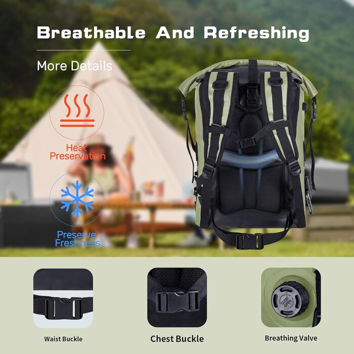 Рюкзак-холодильник Iculbag 35L для дорослих, 48 літрів, армійного кольору, для пляжу, кемпінгу та подорожей