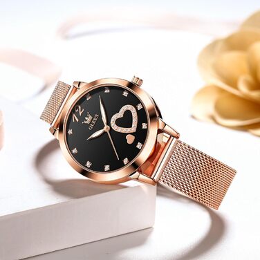 Годинник жіночий OLEVS Roségold: стильні годинники з нержавіючої сталі з діамантовим серцем, водонепроникні, ультратонкі, аналоговий годинник з сітчатим ремінцем, чорний циферблат, рожеве золото