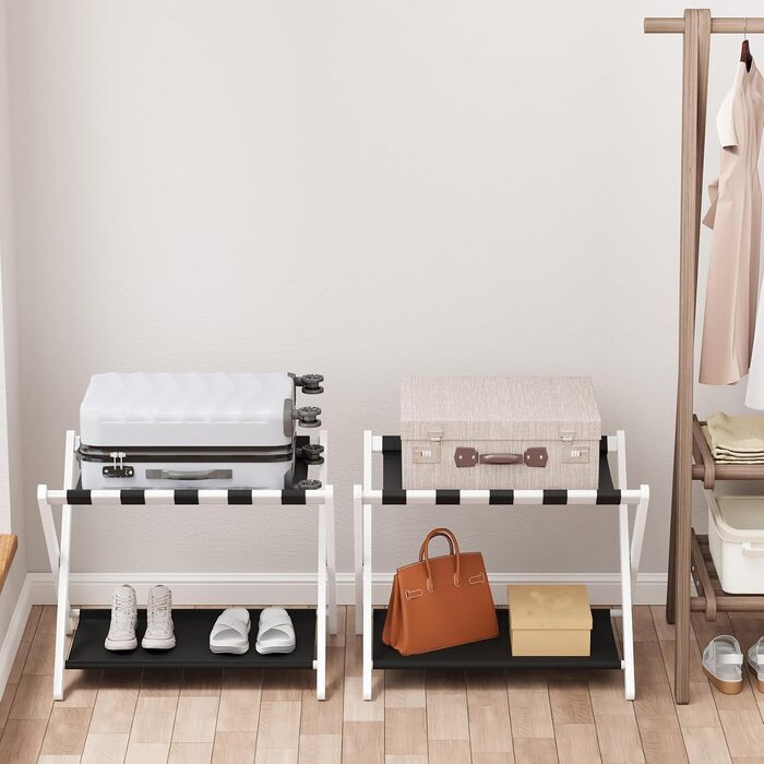 Smuxee Walnut Bamboo Luggage Rack for Guest Rooms, Folding Suitcase Stand with Storage Shelf, Lightweight Assembled Luggage Rack with 5 Nylon Straps for Guest Room Bedroom Hotel (White)