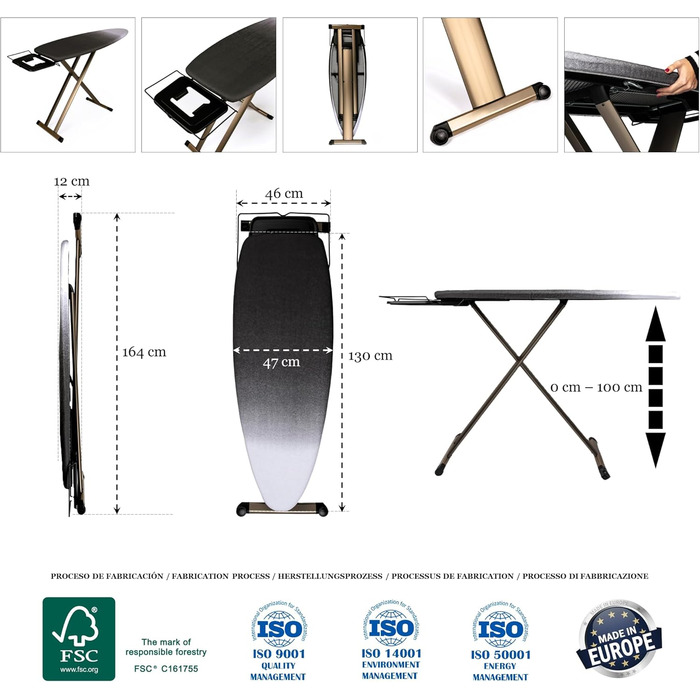 Стіл для прасування GoldVIP Dorado Extra Grande: 130x47 см, алюміній, регулювання висоти