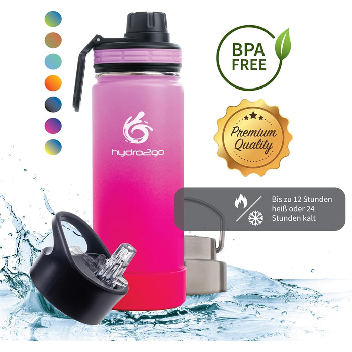 Stainless Steel Water Bottle – BPA-Free Thermo Bottle for Kids, School, Sports & Outdoor – Keeps Drinks Hot up to 12H and Cold up to 24H – Includes 3 Drinking Caps – 500 ml (Bloom)