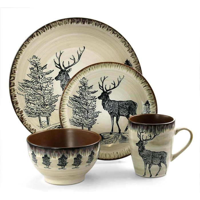 Набір посуду Elama Rundes з 16 предметів, кераміка, ошатний дизайн, океановий блакитно-зелений та зелений, з елементами теплого таупового та коричневого кольорів