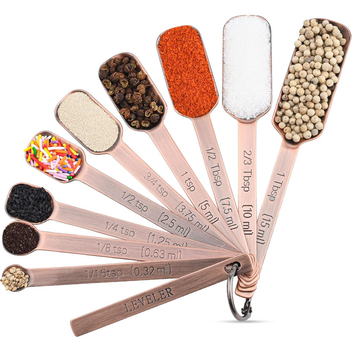 Smithcraft Measuring Cup and Spoon Set, Copper Measuring Cups and Spoons for Dry and Liquid Ingredients, Metric and US Units, 7 Stainless Steel Measuring Cups & 9 Spoons, Leveler and Measurement Equivalents