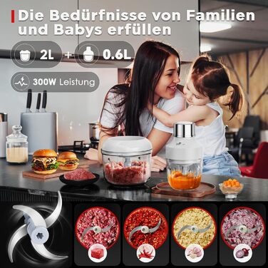 Електричний міні-чопер Bear 0.6L+2L: подрібнювач/м'ясорубка з 4-ма лезами з нержавіючої сталі, скляний контейнер для м'яса, дитячого харчування, фруктів та овочів