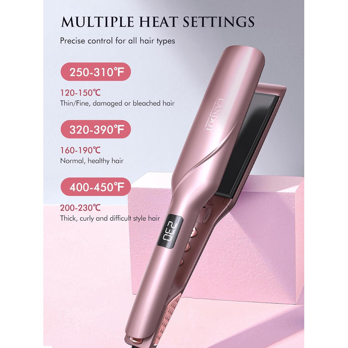 LANDOT Професійний випрямляч для волосся з керамічним покриттям 45 мм, 12 температурних режимів (120–230°C), рожеве золото