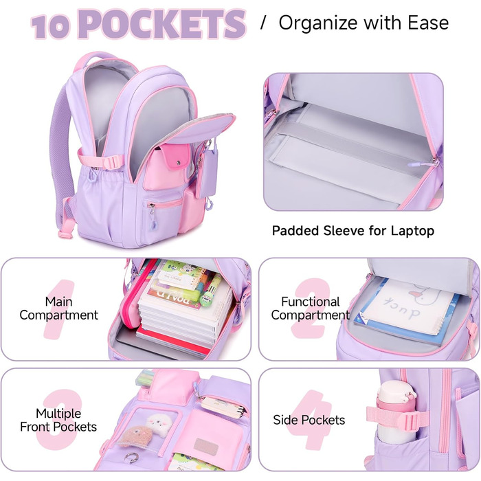 Шкільний рюкзак Tanou для дівчаток: великий, з тканини Oxford, з багатьма відділеннями (фіолетово-рожевий)