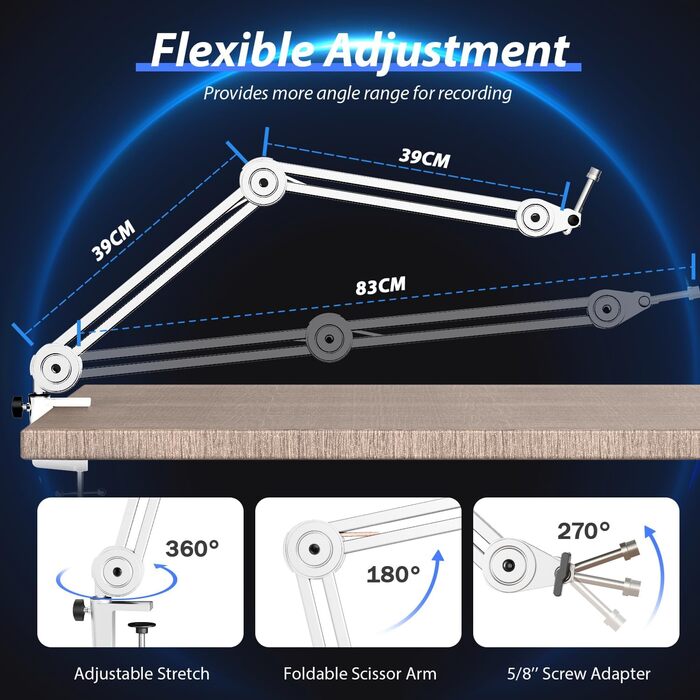 Кріплення для мікрофону FIFINE, регульоване, з адаптером 3/8' - 5/8', кліпса, 3 кабельних стяжки, білий