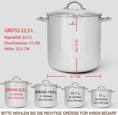 Великий суповий каструля HOMICHEF з нікелевої сталі 18,9 л, 31 см, з кришкою, для індукції, дзеркальна поліровка