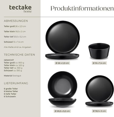 Набір посуду Tectake® для 6 осіб, 24 елементи: чорний набір посуду з кераміки, тарілки, миски, глибокі тарілки та тарілки для сніданку