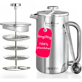 Френч-прес Ziruma 1 літр: нетоксичний, з нержавіючої сталі, з подвійними стінками та термосистемою
