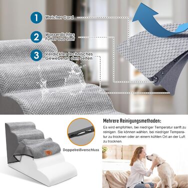 Myiosus Dog Stairs, 2 Steps Pet Stairs, Waterproof Dog Steps Made of Sponge, Non-Slip Dog Ramp for Sofa Bed, Washable Cover Dog Stairs, Portable Cat Stairs (5-Step Dog Stairs, Grey)