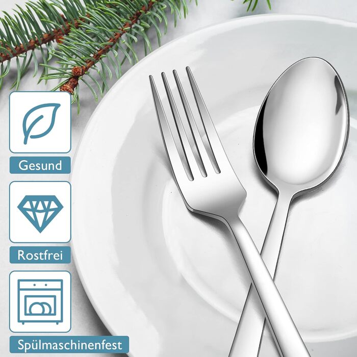 Набір столових приборів Herogo на 6 осіб (36 предметів) з нержавіючої сталі. Включає виделки, ножі, ложки, спеціальні ножі для стейку. Підходить для дому та ресторану, миється в посудомийній машині. Квадратний дизайн.