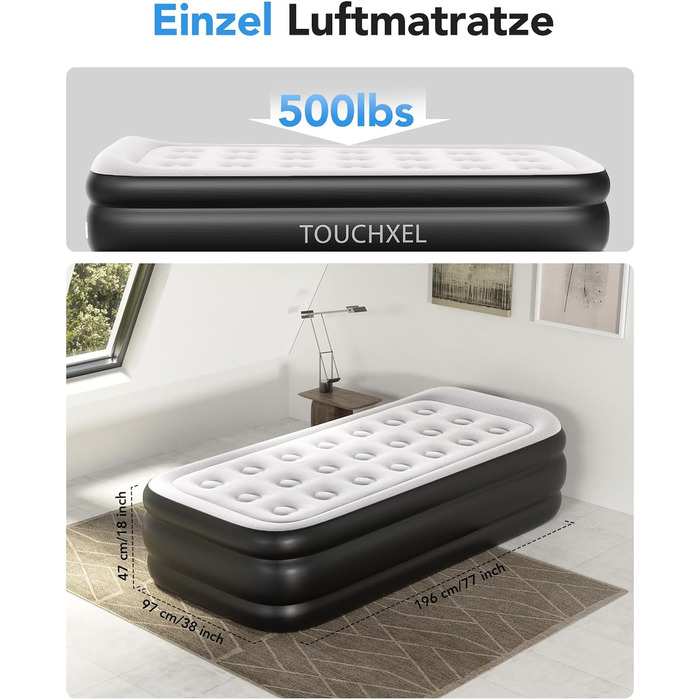 Надувний матрац односпальний з електричним насосом (Чорний, Twin)