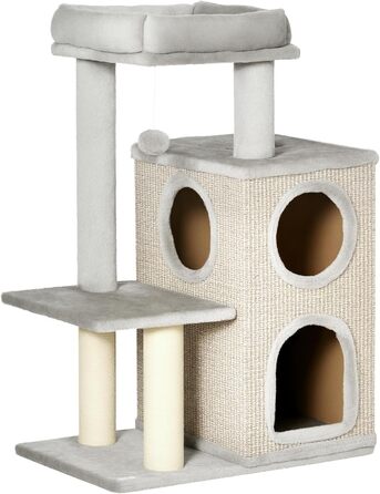 Дім-кігтеточка PawHut для котів, 230-250 см, з гамаком, регульована висота, захист від перекидання, плюш, сірий+кремовий