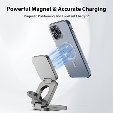 Зарядна станція KU XIU X55 15W MagSafe 3-в-1: для Apple Watch, iPhone 17-12, AirPods + USB-C 30W адаптер, сіра, складана, магнітна