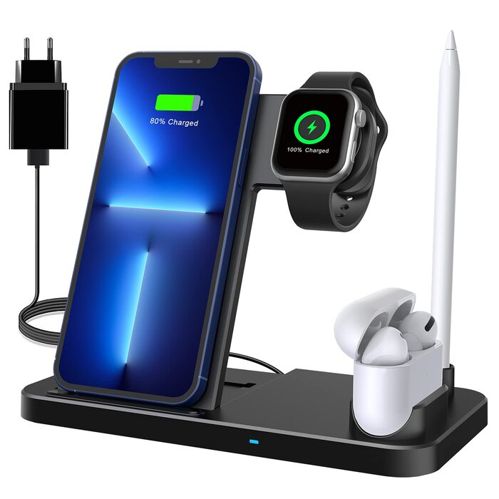 Бездротовий зарядний пристрій 4-в-1, 18W для Apple Watch, AirPods Pro, iPhone 12/SE/11/X/XR/Xs Max/8, Samsung Galaxy S20/S10 - Qi сертифікований