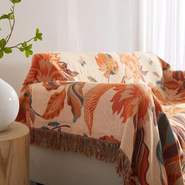Богемна ковдра Softexly Boho Decke 100% бавовна – двостороння муслінова ковдра 150x200 см, м'яка софа та покривало для ліжка, естетичний дизайн, ідеально підходить для вітальні та спальні, помаранчевий/зелений, Blütentraum