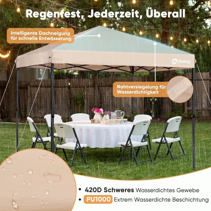 Sekey One-Touch Pop-Up Pavilion 3x3 Waterproof Stable Winter-Proof, Folding Pavilion 3x3m with Thickened Tubes, Party Tent Pavilion Foldable for Camping Festival Party, Khaki