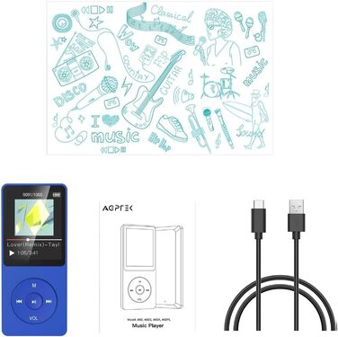 MP3 плеєр AGPTEK 64GB Hi-Fi музичний плеєр з часом роботи до 70 годин, підтримка карт пам'яті до 128ГБ, легкий портативний плеєр для дітей та дорослих, синій