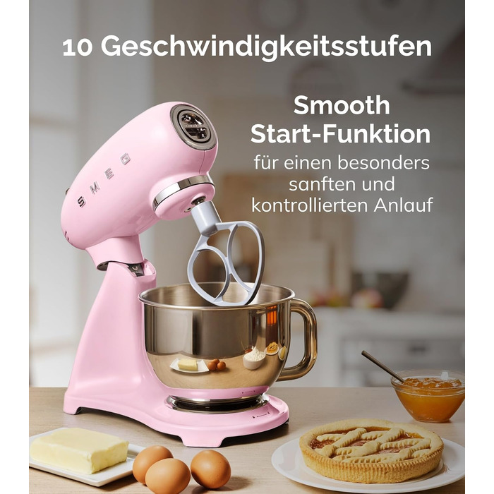 Планетарний міксер Smeg SMF03PKEU, 800 Вт, 10 швидкостей, пастельно-рожевий