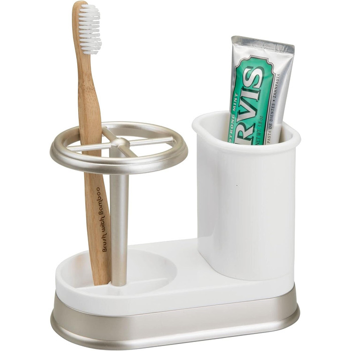 mDesign Toothbrush Holder - high-quality toothbrush holder made of plastic for bathroom sink or vanity cabinet - practical holder for toothbrushes and toothpaste - white and matte silver