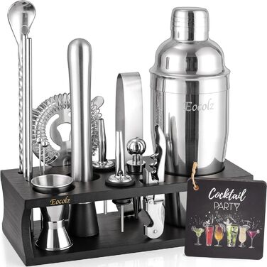 750ml Stainless Steel Cocktail Shaker Set with Bamboo Stand & Recipe Book - 17 Piece Bar Set for Bartenders, Gifts for Women (Black Silver)