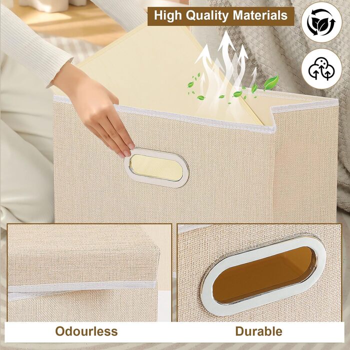 Yawinhe 3-Piece Storage Boxes with Lids, Foldable Fabric Box with Handles, Storage Boxes, for Bedroom, Clothes Storage, 32x23x20cm, SNK023G-3 (32x23x20cm/3-Pack, Beige)