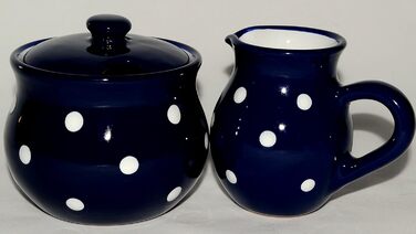 Sugar and Milk Set, Dark Blue Milk Jug and Sugar Bowl with Hand-Painted White Dots, Sugar Bowl with Lid, Creamer made of Ceramic, Dishwasher Safe.