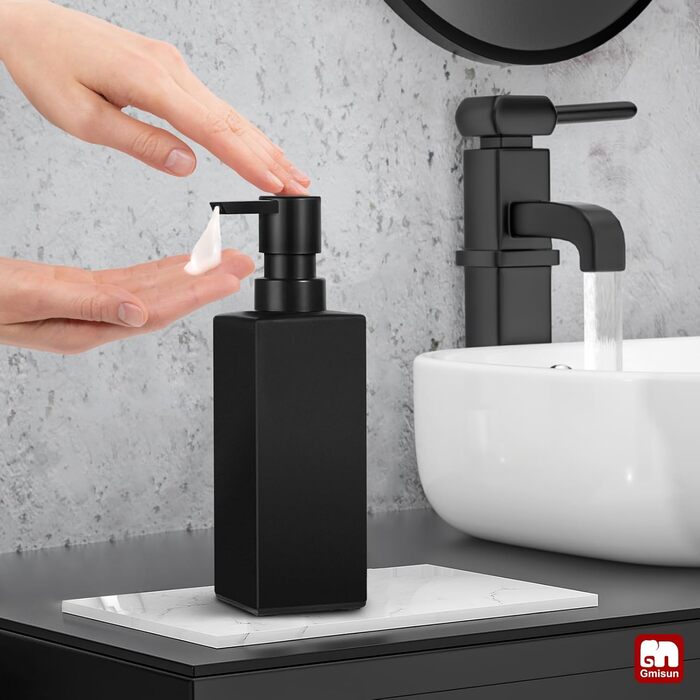 Диспенсер для мила GMISUN для ванної кімнати та кухні, 350 мл, чорний скляний, з піддоном та водонепроникними етикетками