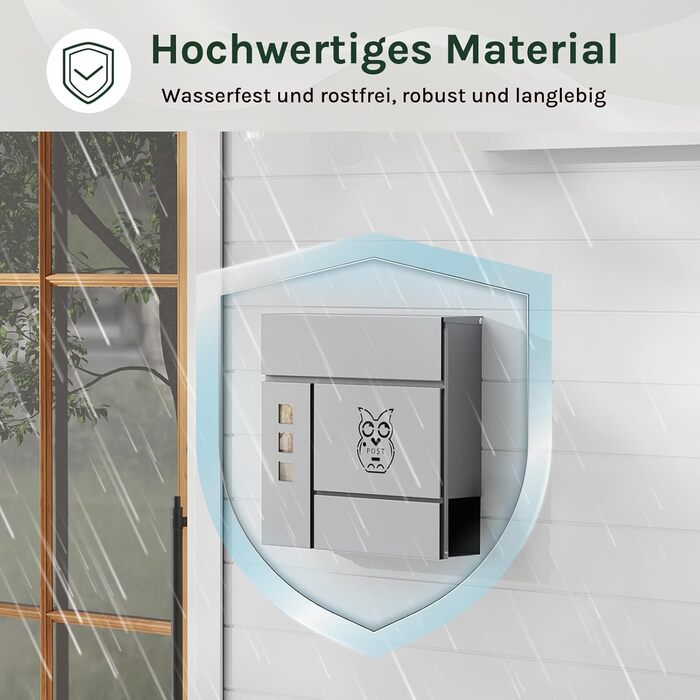 Поштовий ящик WOLTU XXL з газетницею, оглядовим вікном, замком (2 ключі), захистом від реклами, антрацит (сірий+чорний) 10,5x37x37 см