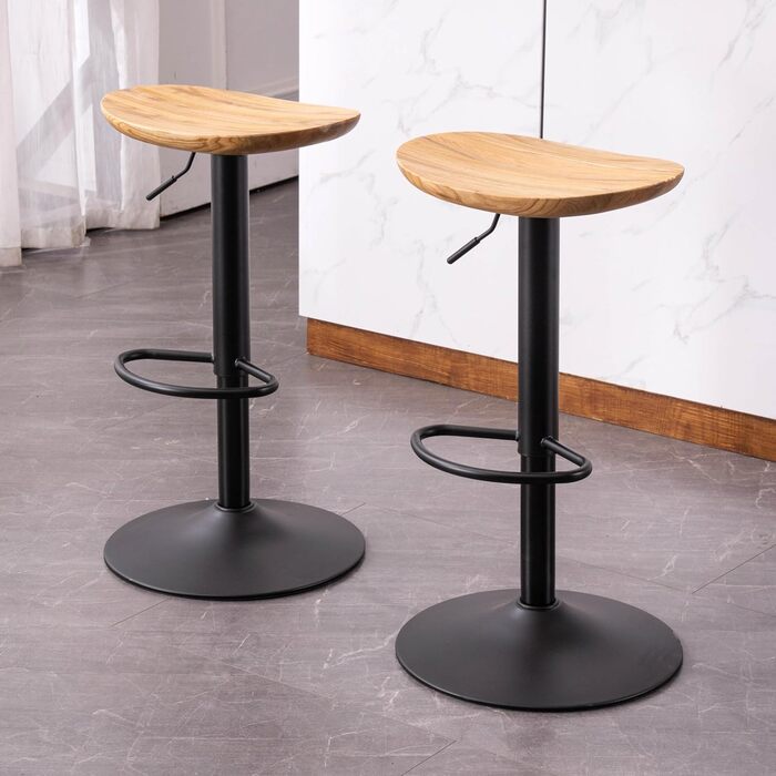 Kidol Adjustable Height Bar Stools 2-Pack - 360° Swivel, Round Wooden Seat, Metal Frame, for Kitchen/Bar/Living Room (Brown)