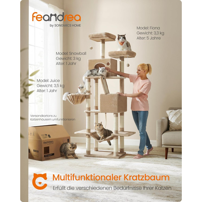 Кігтеточка Feandrea XXL, 168 см, багатоповерхова, з 13 кігтеточних стовпів, 2 платформами, 2 будиночками, гамаком та іграшками, PCT165G01, верблюжий колір
