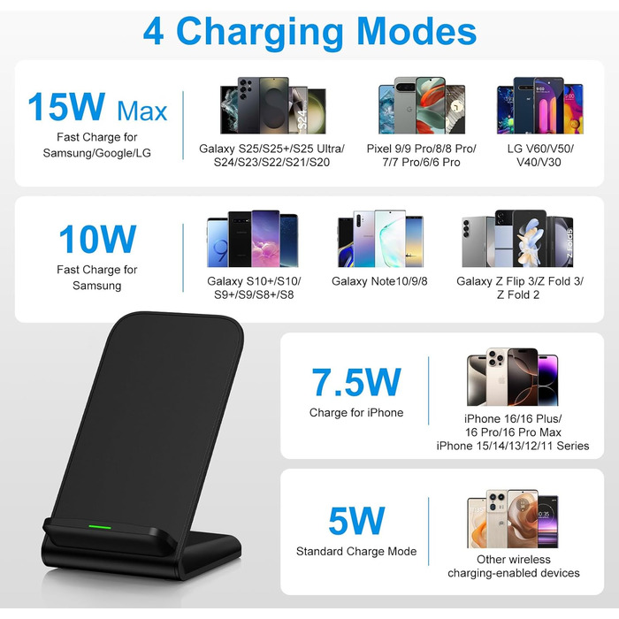 Бездротовий зарядний пристрій Google Pixel: підставка, 15W, сумісна з Google Pixel 10/9/8/7/6/5 та Samsung Galaxy S25+/S24 FE/S23/S22/S21, чорний