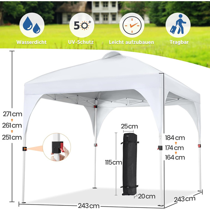 Yaheetech Pop-Up Gazebo 2.4 x 2.4 m, Adjustable Height Garden Gazebo, Waterproof & Sun Protection Party Tent, Garden Tent with Rolling Carry Bag for Outdoor Market, Garden, Courtyard, (White, 2.43x2.43m)
