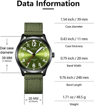 Чоловічий годинник CIVO Military B-4 Зелений/Чорний: Водостійкий, аналоговий кварц з великими цифрами та світловим покриттям
