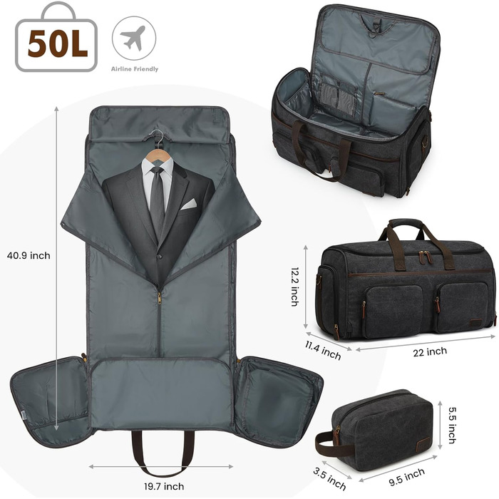 50L Unisex 3-in-1 Convertible Garment Bag Canvas Clothing Bag Suit Bag Carry On Garment Bag with Toiletry Bag for Travel, Short Trips, and Business Trips - Storage