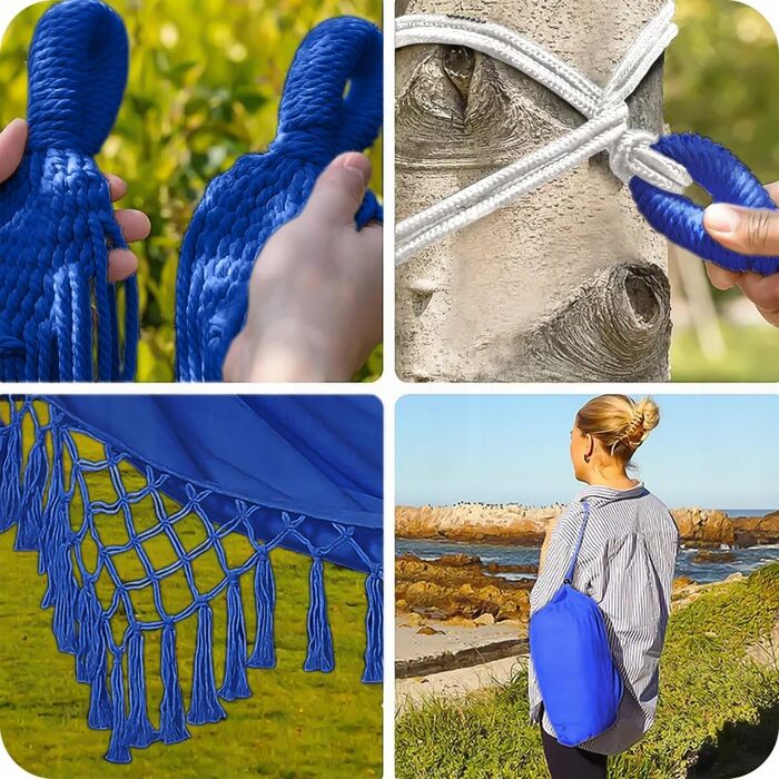 Гамак KRUMAD 260 см, до 250 кг, водостійкий, бавовна-поліестер, для саду, балкону, кемпінгу, з дерев'яними розпірками та сумкою (Синій, 150x200 см)