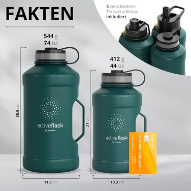 Спортивна пляшка з нержавіючої сталі ACTIVE FLASK 1,3 л, BPA-free, з трубочкою, 3 кришки, герметична, підходить для газованої води, темно-бірюзова, для спорту, фітнесу, аутдору