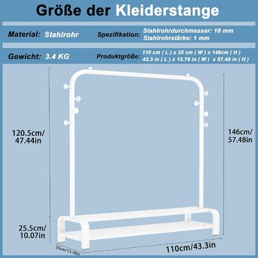 Clothes Rack, Coat Rack Stable Clothes Rod with 6 Hooks and 2 Shoe Shelf Storage Shelf, Bedroom Clothes Rack Freestanding Clothes Rail, (White)