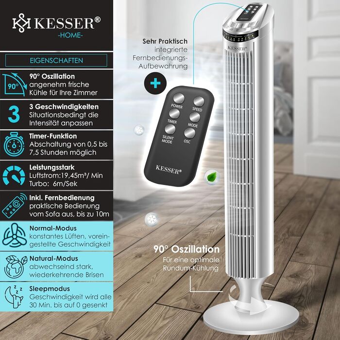 Турбо вентилятор KESSER® з пультом керування | 90° кут осциляції | 3 швидкості | 90 см | Таймер | Turbo функція | Стовпчастий вентилятор | Сріблястий колір