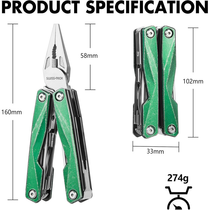Мультитул Swiss+Tech 16-в-1 з нержавіючої сталі з ножем, пилкою, плоскогубцями, викрутками та ножицями для кемпінгу, відпочинку та ремонту, з чохлом, вінтажний зелений