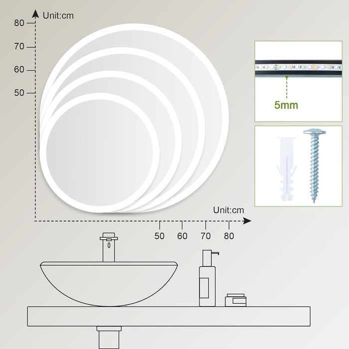 LED дзеркало для ванної кімнати AllRight з підсвічуванням 50см кругле - диммування, 3 кольори світла (3500K-6500K), сенсорне керування, антизапар, для макіяжу та гоління
