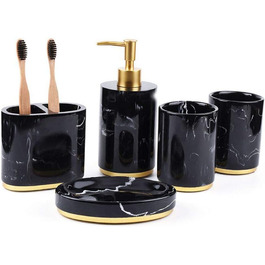 Набір аксесуарів для ванної кімнати 5 шт. з нержавіючої сталі, імітація мармуру, включає дозатор для мила, стакан для зубної пасти, мильниця, тримач для зубних щіток, набір для ванної кімнати, білий/чорний (білий + золото)