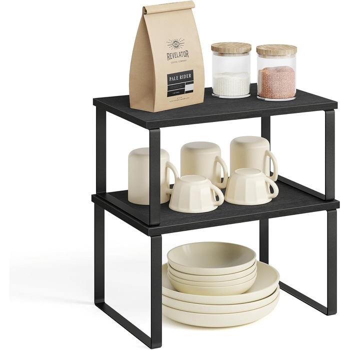 SONGMICS Spice Rack, 4-Piece Set, Kitchen Shelf, Kitchen Organizer, Expandable, Spice Holder, Stackable, with Metal Frame, 19.5 x 29.7 x 15.8 cm, Ink Black + Natural Beige KCS10NB (Ink Black + Ebony Black, 29.7B cm)